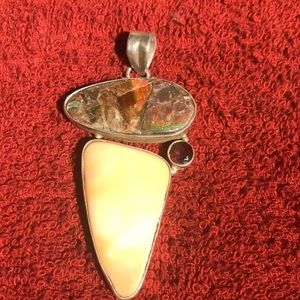 Ammonite,ruby and fossilized bone pendant